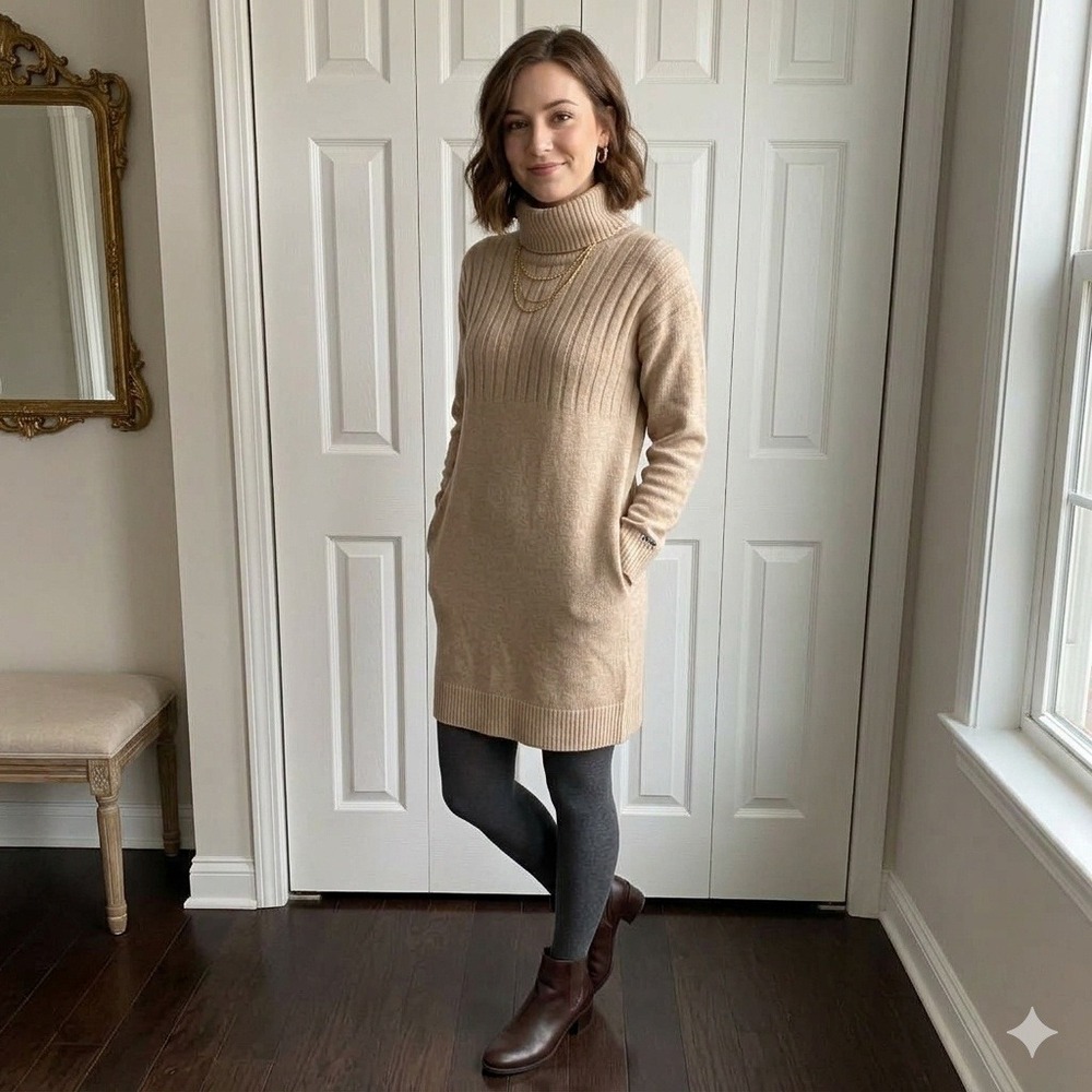 Madewell Sweater Dress Womens S Tan Merino Wool Blend Cozycore Turtleneck